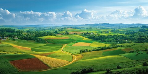 Obraz premium Paisaje de campos verdes y colinas