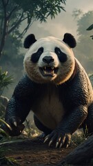Obraz premium Intimidating panda bear with a fearsome expression in a lush forest environment