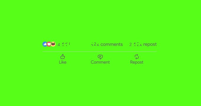 Social media post interaction counter increasing. Likes comments reposts statistics. Facebook impression success rate. Blog engagement tracking Digital analytics video. Alpha channel MOV video overlay