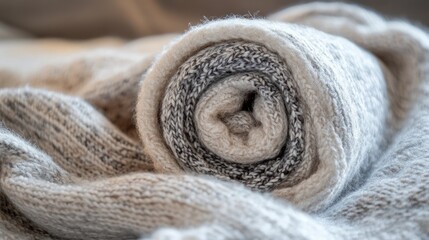 A knitted woolen fabric rolled up, maintaining its soft and elastic feel