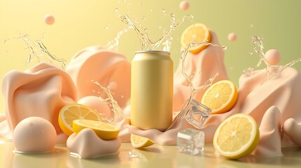 background with splashes of water, slices of lemon, lime, ice cubes. They fly in different directions and float in space. in the middle is a can of soda with lemon lime flavor. The background is green