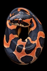 Fototapeta premium Vivid Orange and Black Python Coiled in a Captivating Pose Against a Dark Background.