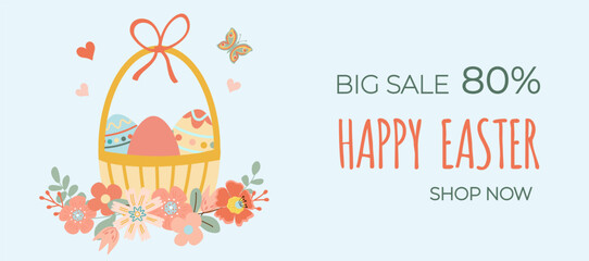 Happy easter sale. Basket with Easter eggs on blue background. Can be add text. Design for banner, poster, postcard. EPS10.
