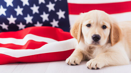 Golden retriever puppy with American flag for Memorial Day