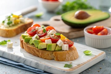 Delicious avocado toast topped with cherry tomatoes and feta cheese served on a marble board