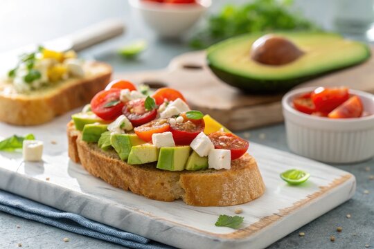 Delicious avocado toast topped with cherry tomatoes and feta cheese served on a marble board - Powered by Adobe