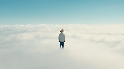 Above Clouds: Man Contemplates for Serene Sky.
