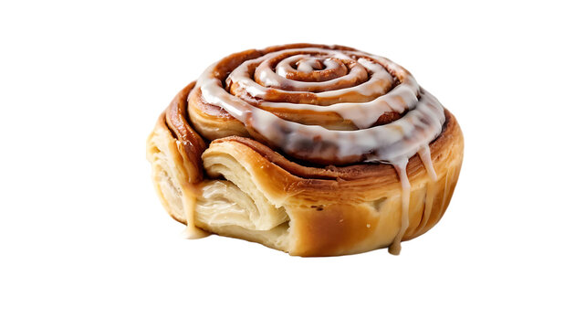 A close up shot of a cinnamon roll with white icing