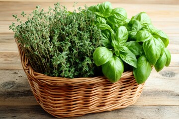 Naklejka premium A woven basket filled with aromatic fresh herbs like basil, thyme, and rosemary is placed on a rustic wooden table, ideal for enhancing culinary creations and flavoring dishes