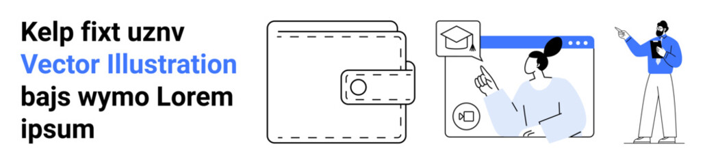 Wallet and desktop screens with user, email, and graduation cap icons. Ideal for education, finance, e-learning, communication, app design, user experience simple landing page