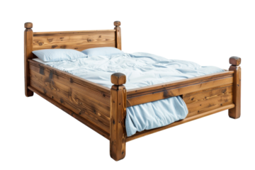 Cozy wooden bed with soft blue bedding on a simple white background, perfect for a peaceful night's sleep at any time of day