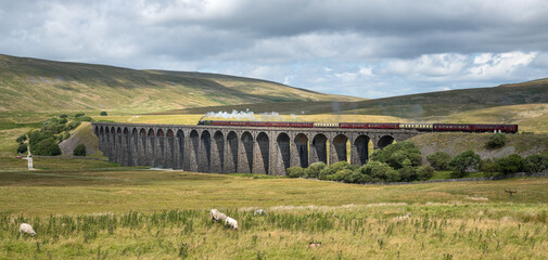 Steam train passing over the Ribblehead viaduct, Yorkshire Dales National Park, England