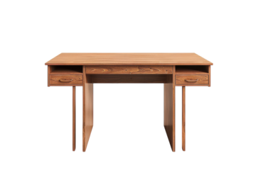 A sleek wooden desk with two drawers designed for minimalist workspaces, perfect for home offices or study areas in a contemporary setting