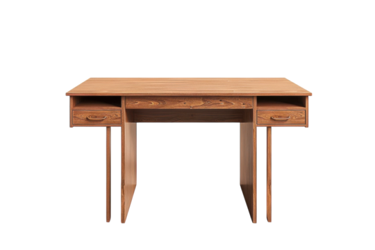 A sleek wooden desk with two drawers designed for minimalist workspaces, perfect for home offices or study areas in a contemporary setting