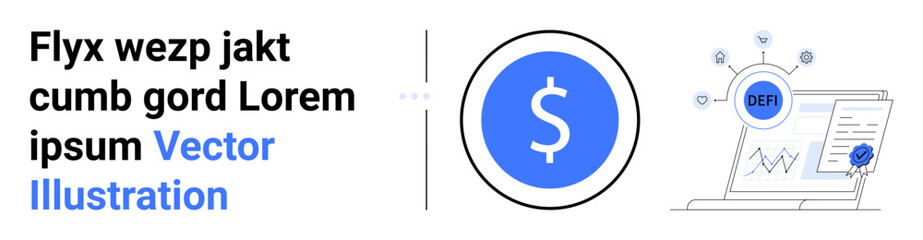 Blue dollar sign in a circular icon, laptop displaying DEFI connections and financial graphs. Ideal for fintech, blockchain, investment, cryptocurrency, economy, banking, simple landing page