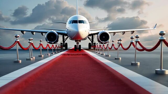 A jet arrives on a red carpet at an airfield during sunset, with dramatic clouds setting the mood for an elegant welcome