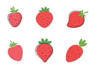 A set of different red strawberries isolated on a white background, vector illustration, flat design, hand-drawn. Sweet summer dessert, delicious berry for decoration, design, label