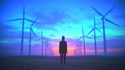 Silhouette Person Contemplating Renewable Energy  Wind Turbines at Sunset