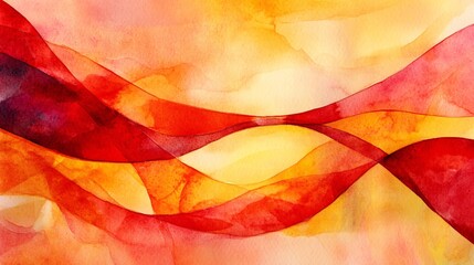 Abstract red-orange watercolor waves design, sunset backdrop, website banner