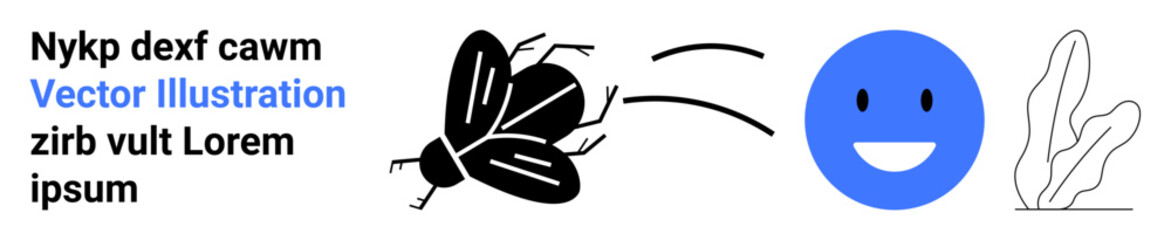 Fly in motion trajectory toward a happy blue face, accompanied by minimal abstract plant in corner. Ideal for humor, minimalism, biology, joy, emails, environment, simple landing page