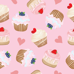 Seamless pattern for kitchen decor and more. Delicious cupcake with whipped cream and blueberry, strawberry, heart. Vector cartoon illustration of sweet food.