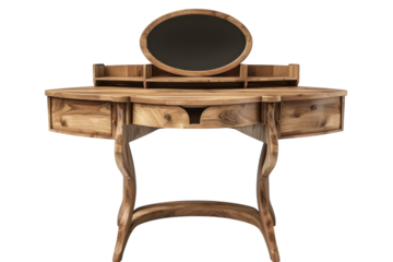 Elegant wooden vanity table with a round mirror and curved legs, showcasing stylish craftsmanship and natural wood finish in serene indoor lighting