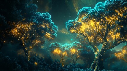 Fototapeta premium Glowing Fantasy Trees in Mystical Forest with Atmospheric Sky Background