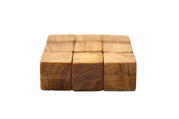 Natural wooden cubes arranged in a neat formation, showcasing texture and simplicity against a bright background