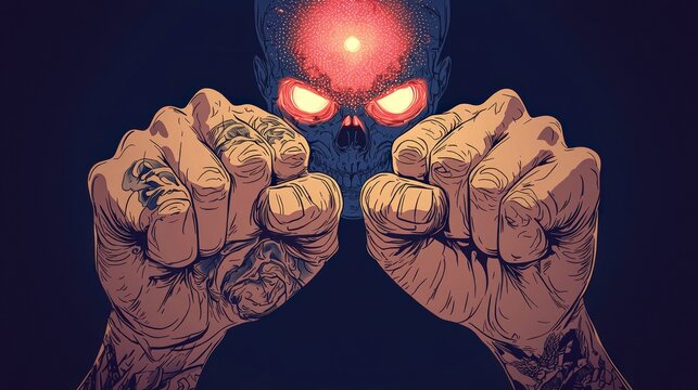 Powerful Tattooed Hands   Glowing Skull  Dark Fantasy Art