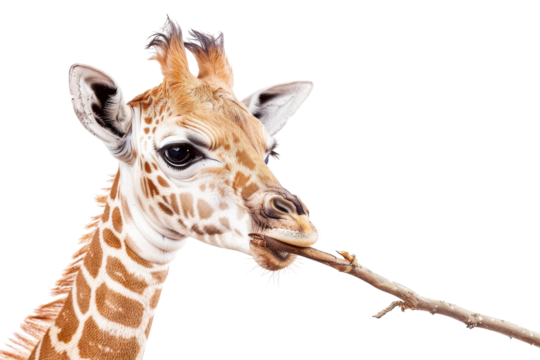 A young giraffe playfully chewing on a twig in a bright, minimalist setting evoking a sense of innocence and curiosity