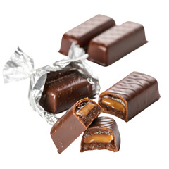 Tasty broken chocolate bars isolated on white background