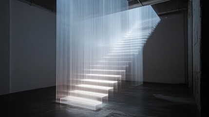 Obraz premium Illuminated Stairs Rising Upward Within Architectural Interior Spaces