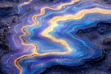 Fototapeta premium Abstract art featuring swirling blues and golds, resembling a celestial landscape or a precious gemstone.
