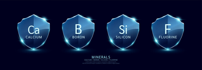 Calcium Boron Silicon Fluorine in translucent glass shield modern. Minerals set on dark blue background. For design dietary supplement products. Medical health care protection concept. Vector.