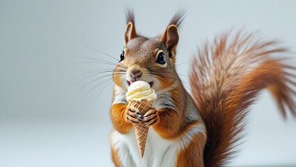 Squirrel's Sweet Treat: A charming red squirrel savors a delicious ice cream cone, captured in a vibrant and delightful close-up, a perfect image of joy and indulgence. © Monmeo