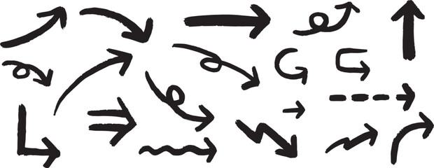  hand-drawn black bold brush curved and wavy arrows collection. Vector thick arrows.