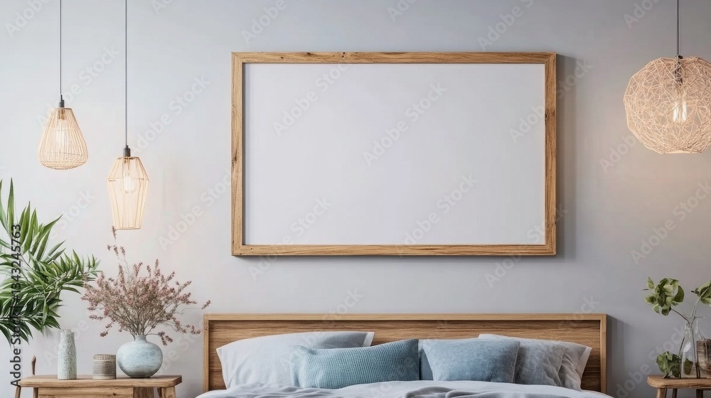 Poster a tranquil bedroom features a wooden bed with soft linens, surrounded by woven pendant lights castin