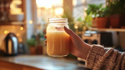 Woman's Hand Holding a Mason Jar of Smoothie by Window