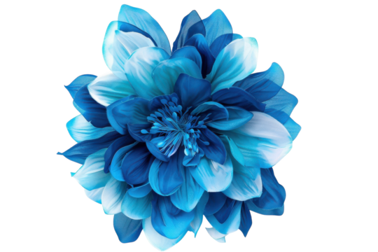 A vibrant blue flower blooms with intricate petals, showcasing hues of turquoise and white against a soft background