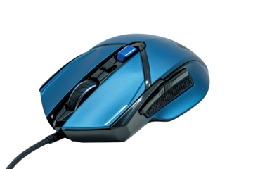A sleek blue gaming mouse rests on a white surface, showcasing its ergonomic design and precise controls for avid gamers