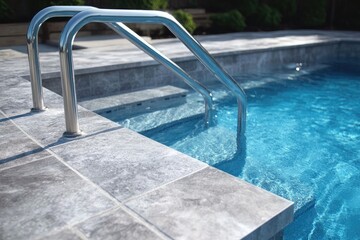 Modern pool steps with light gray stone and stainless steel handrails