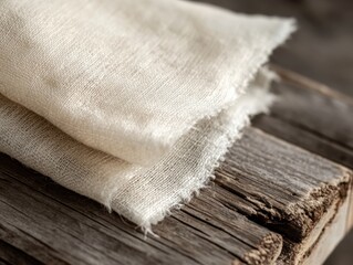 Macro Shot of Linen Fabric Swatch on Wooden Plank, Beige Tones, Natural Sustainable Textile Texture Detail, Selective Focus, Copy Space