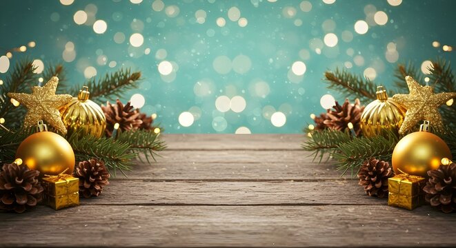 A festive Christmas background features a rustic wooden surface adorned with evergreen branches, golden ornaments, pine cones, and twinkling fairy lights