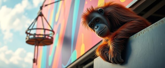 A pensive orangutan rests its arms on a metallic surface, gazing pensively beyond a vibrant, abstract mural under a partly cloudy sky.