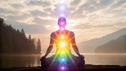 law of attraction visualization vibration manifestation Meditative figure radiating colorful energy by a tranquil lake at sunrise.