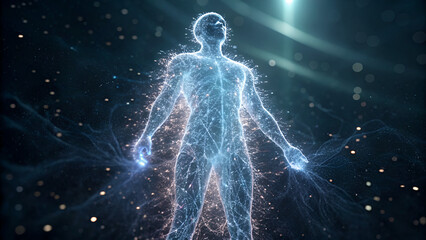 law of attraction visualization vibration manifestation A glowing human figure surrounded by energetic light connections in a dark environment.