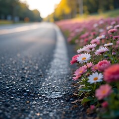 Beautiful flowers blooming between the asphalt on the roadside