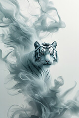 AI Generative. A surreal figure emerging from swirling white smoke,  a light on white background. The lion form appears semi-transparent, as if composed of vapor or energy, blending seamless. 26