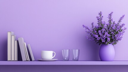 A serene corner features a purple wall adorned with a charming vase of lavender flowers, alongside stacked books, a stylish cup, and two glass tumblers, exuding calmness