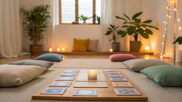 law of attraction visualization vibration manifestation Cozy meditation space with cushions, plants, and soft lighting, ideal for relaxation and mindfulness.